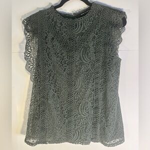 Cable and Gauge Textured Lace Sleeveless Top Size Large Olive Green Embroidered